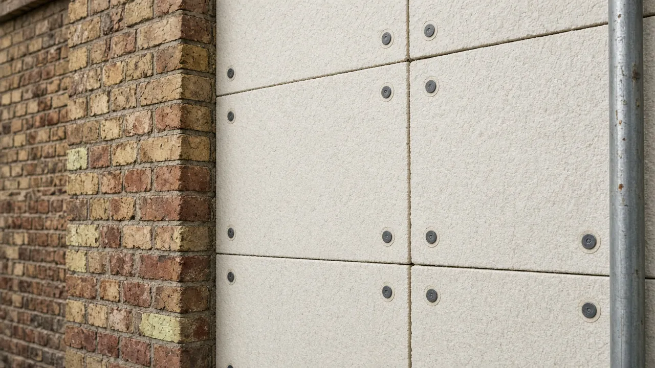 Illustration of external wall insulation boards fixed to the brick wall of a house